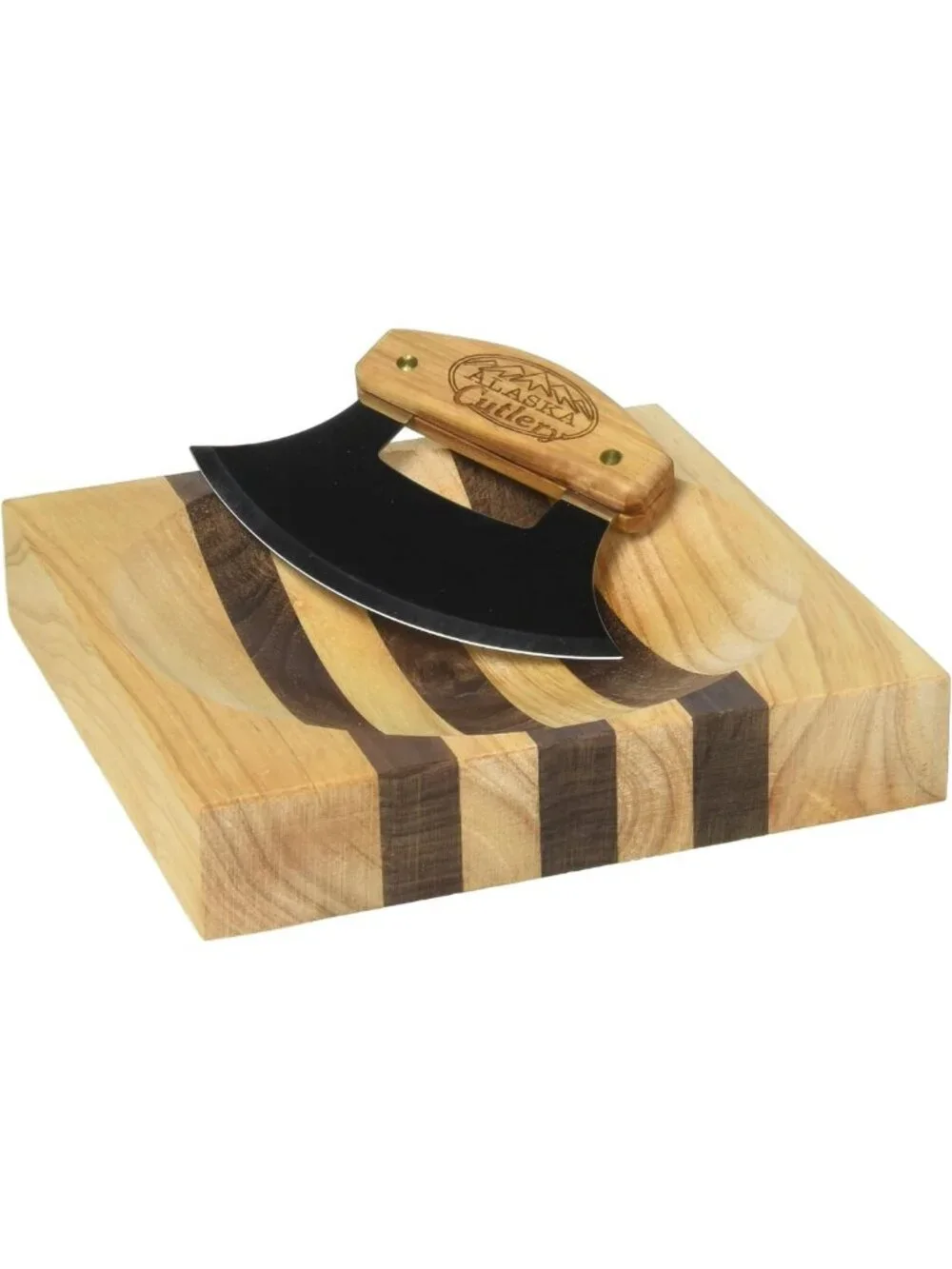 Curved Ulu Knife Set with Wood Handle & Chopping Board - Handmade in Alaska